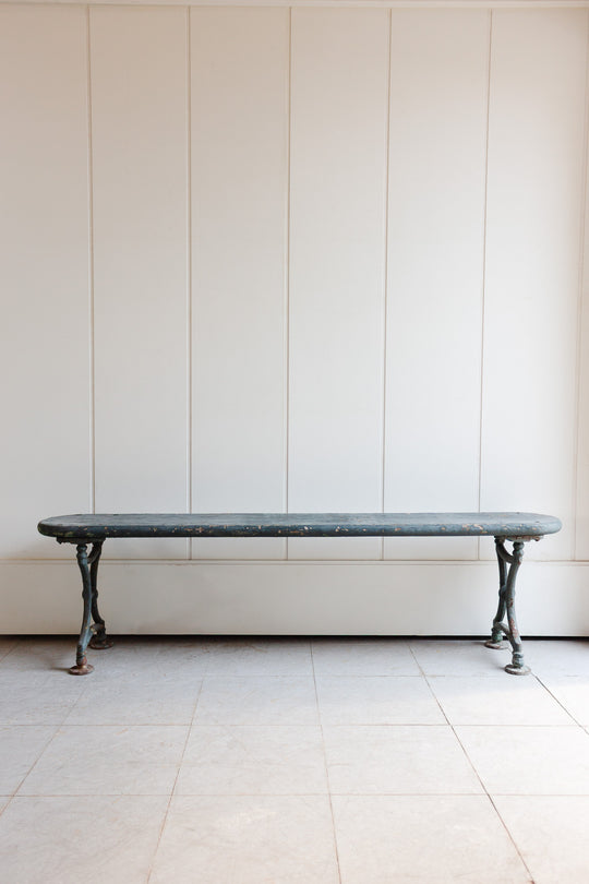 antique wood and cast iron farmhouse bench