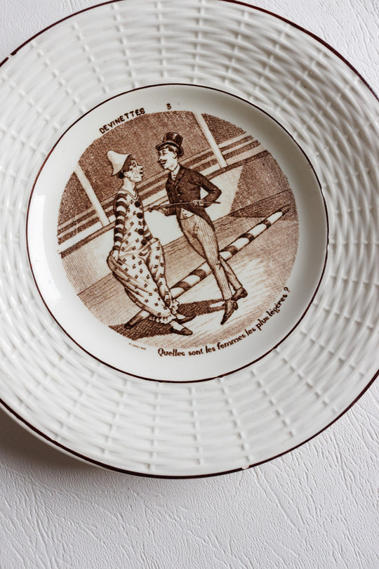 set of 5 antique french sarreguemines talking plates