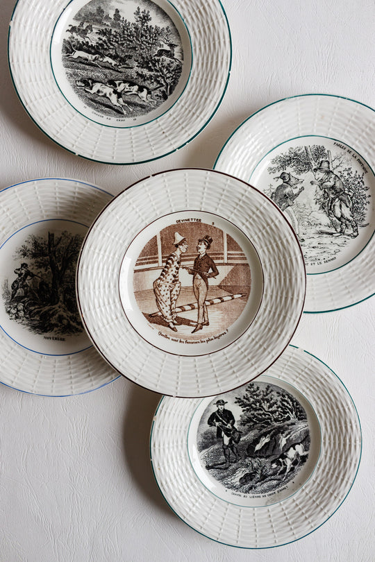 set of 5 antique french sarreguemines talking plates