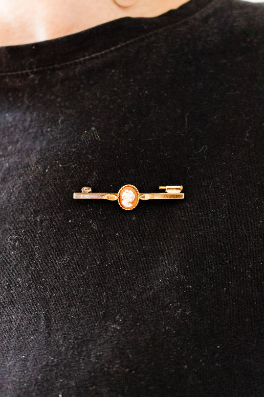 vintage French carved shell and brass cameo bar pin