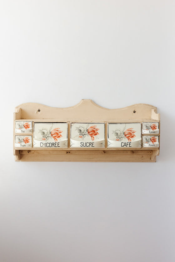 rare antique french wooden spice shelf with porcelain drawers