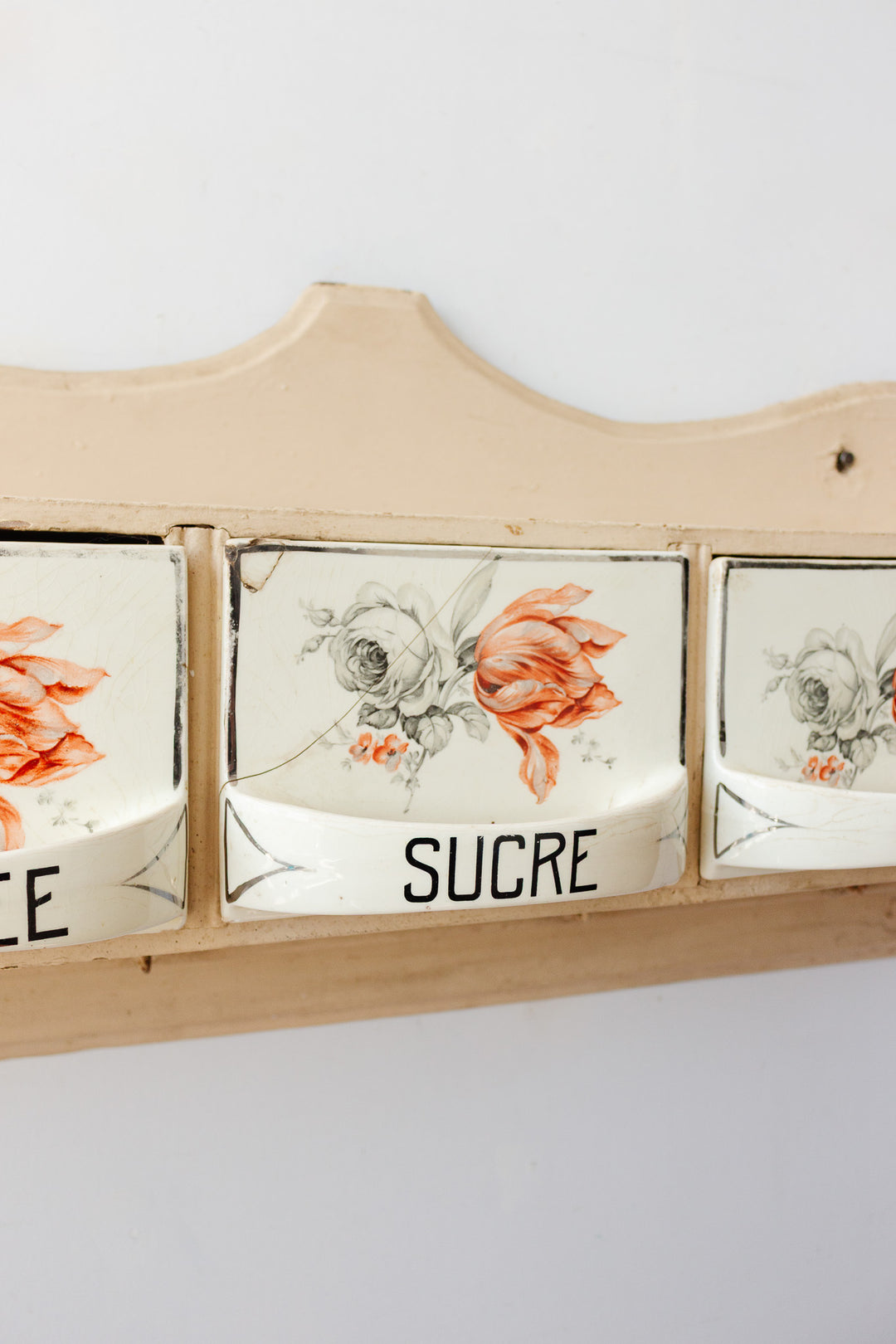 rare antique french wooden spice shelf with porcelain drawers