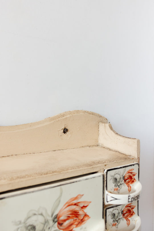 rare antique french wooden spice shelf with porcelain drawers