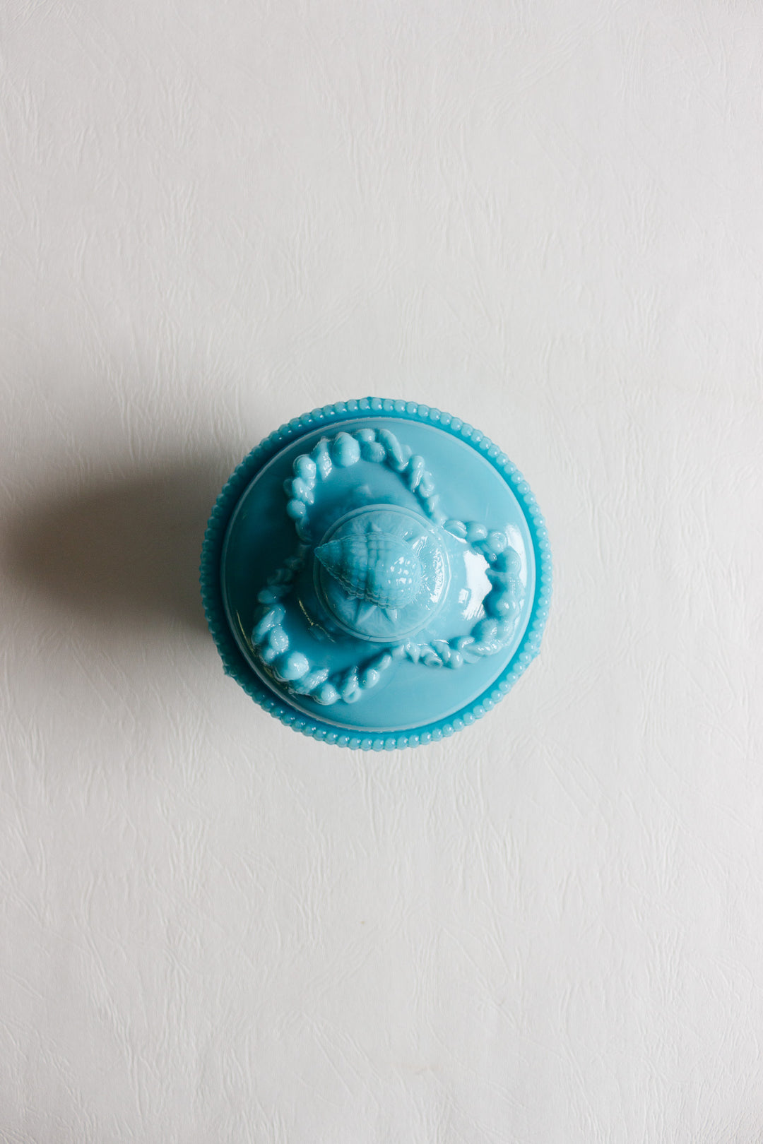 vintage French Portieux Vallérysthal turquoise opaline glass lidded bonbonnière with shell finial