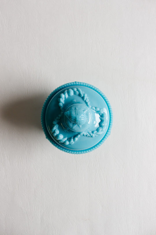 vintage French Portieux Vallérysthal turquoise opaline glass lidded bonbonnière with shell finial