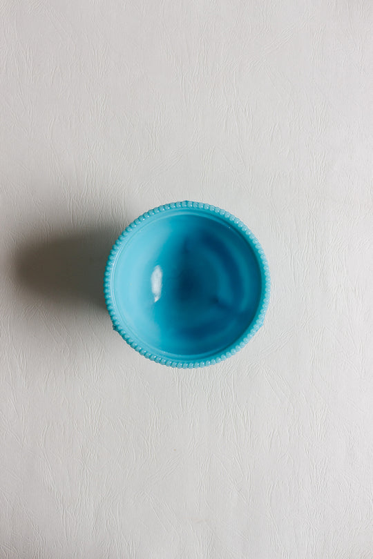 vintage French Portieux Vallérysthal turquoise opaline glass lidded bonbonnière with shell finial