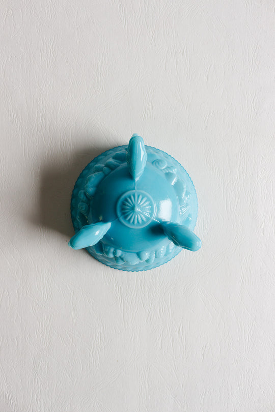 vintage French Portieux Vallérysthal turquoise opaline glass lidded bonbonnière with shell finial