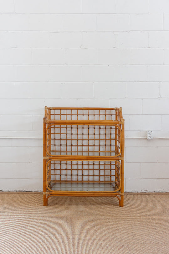vintage french bamboo and glass shelf