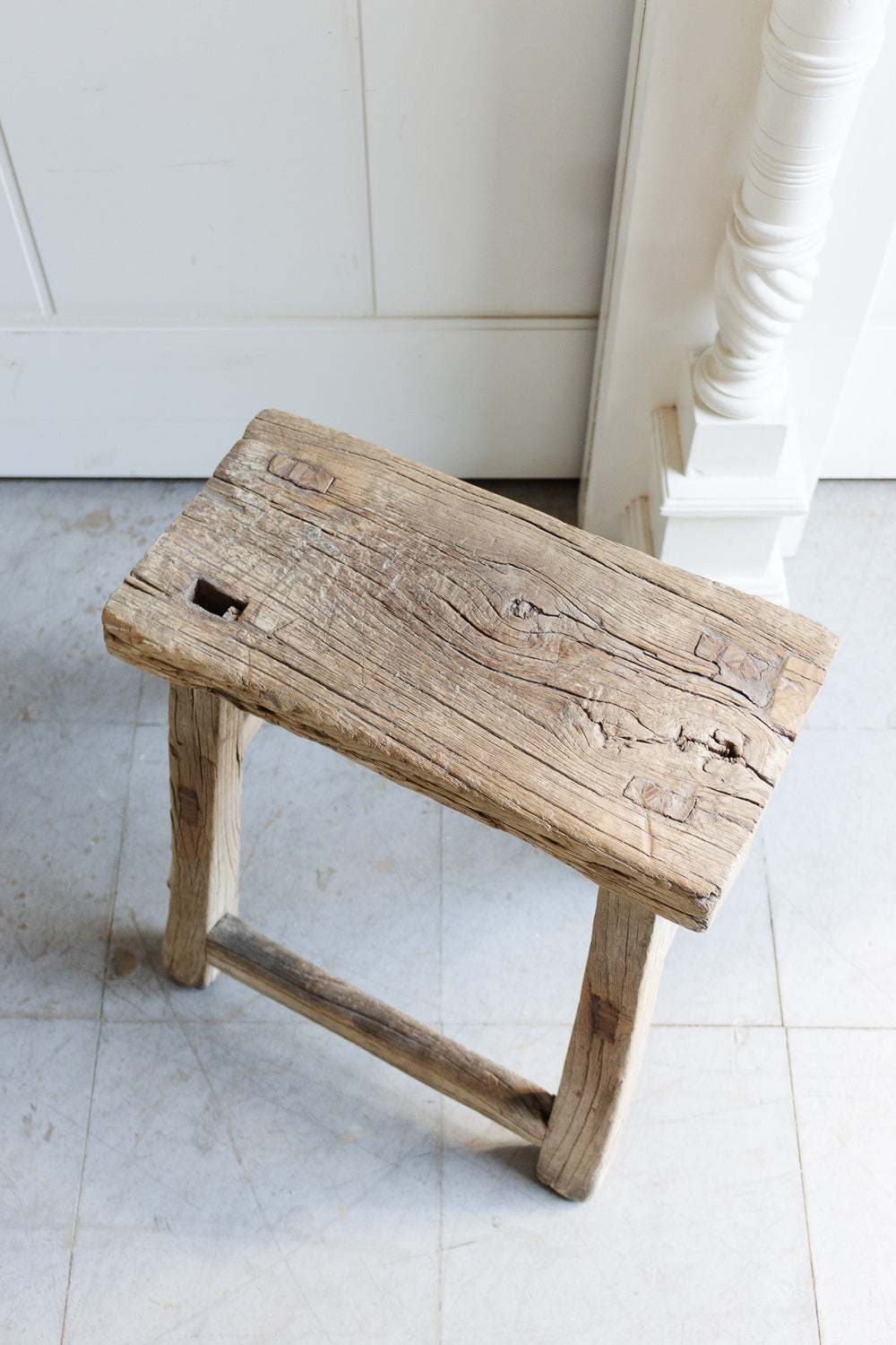 antique primitive french raw wood stool