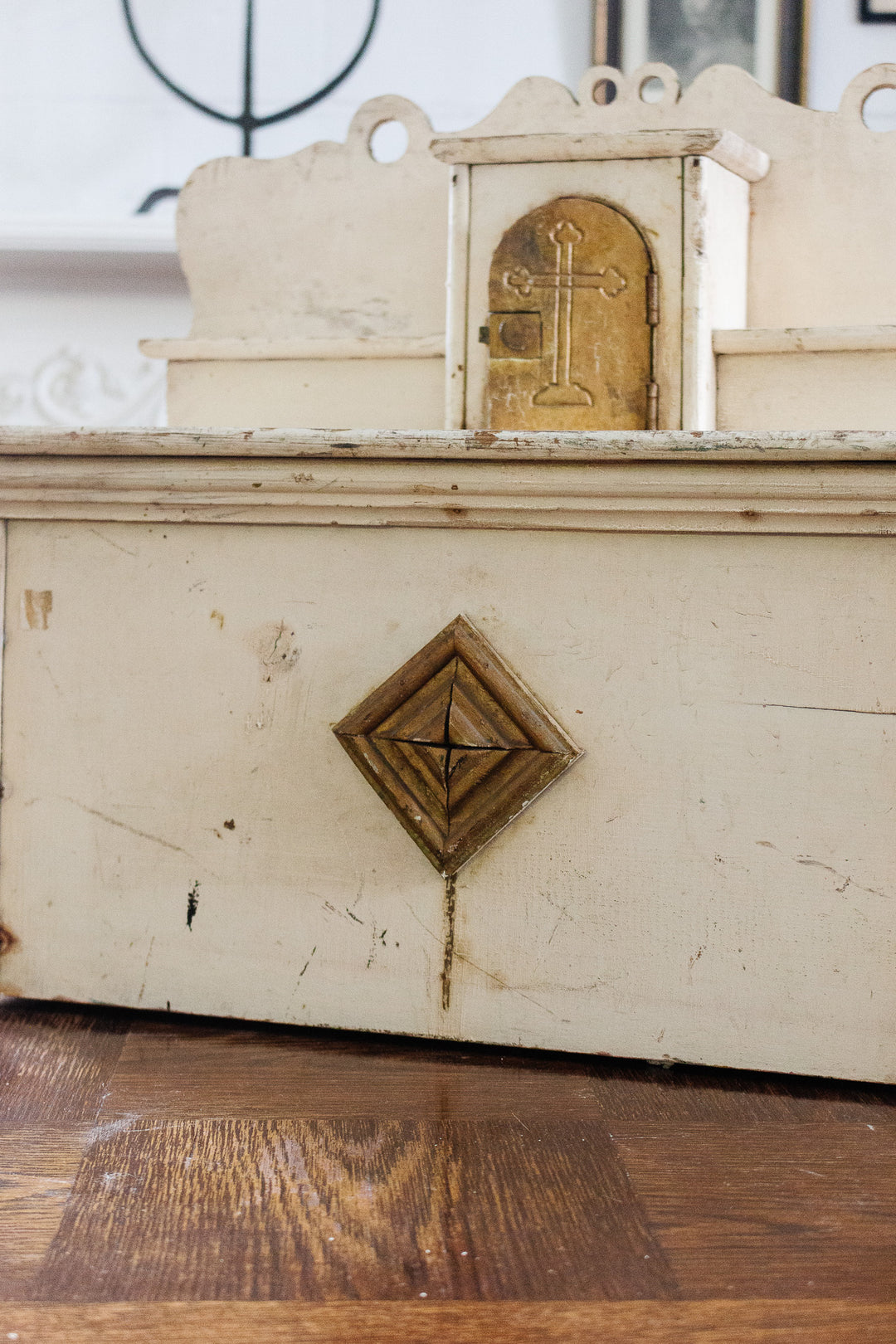 vintage religious wooden relic with brass accents