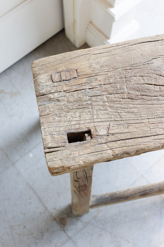 antique primitive french raw wood stool