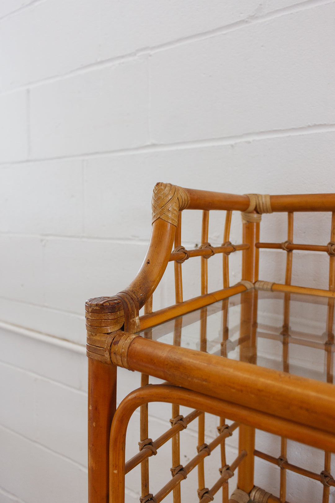 vintage french bamboo and glass shelf