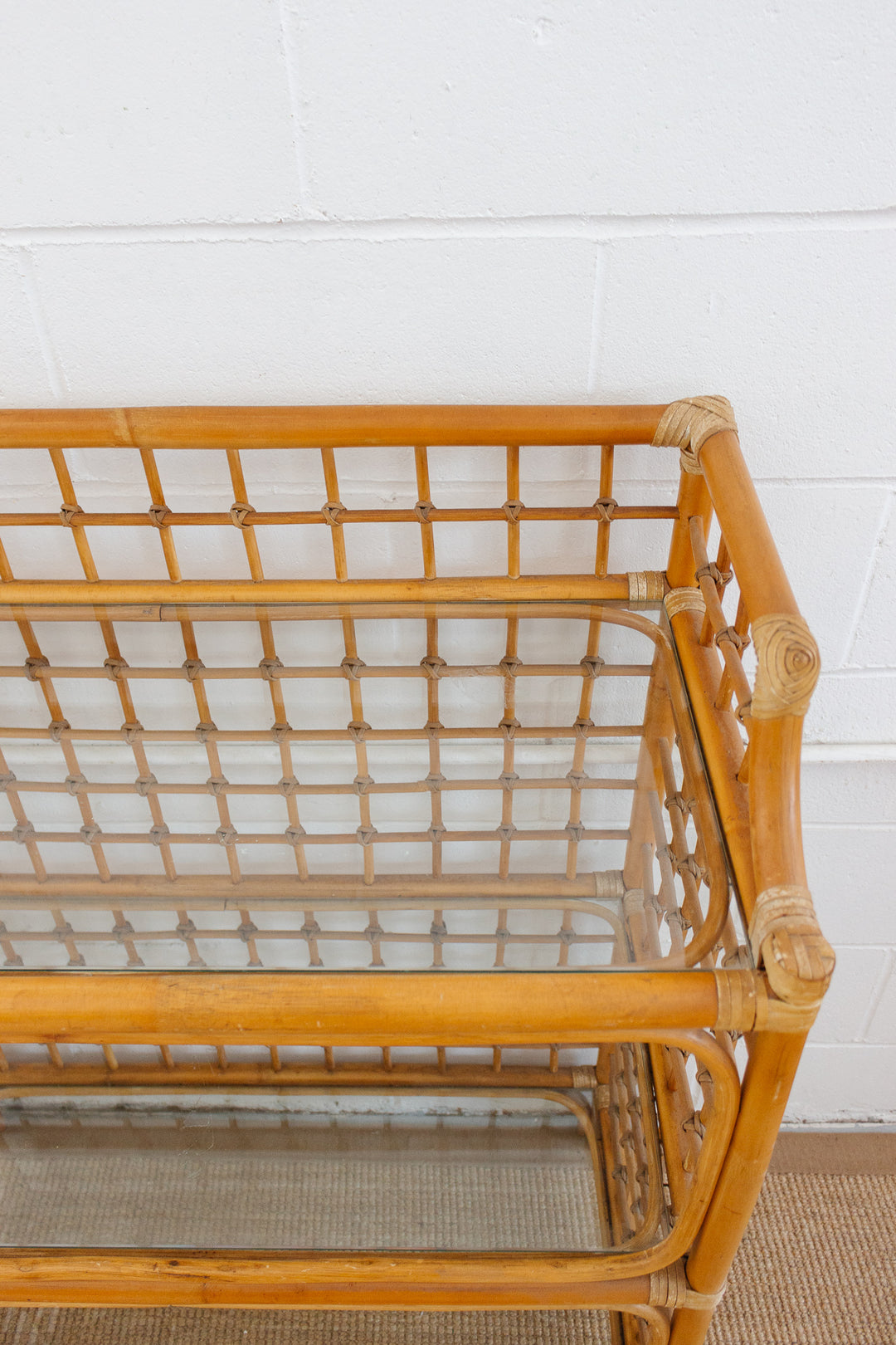 vintage french bamboo and glass shelf
