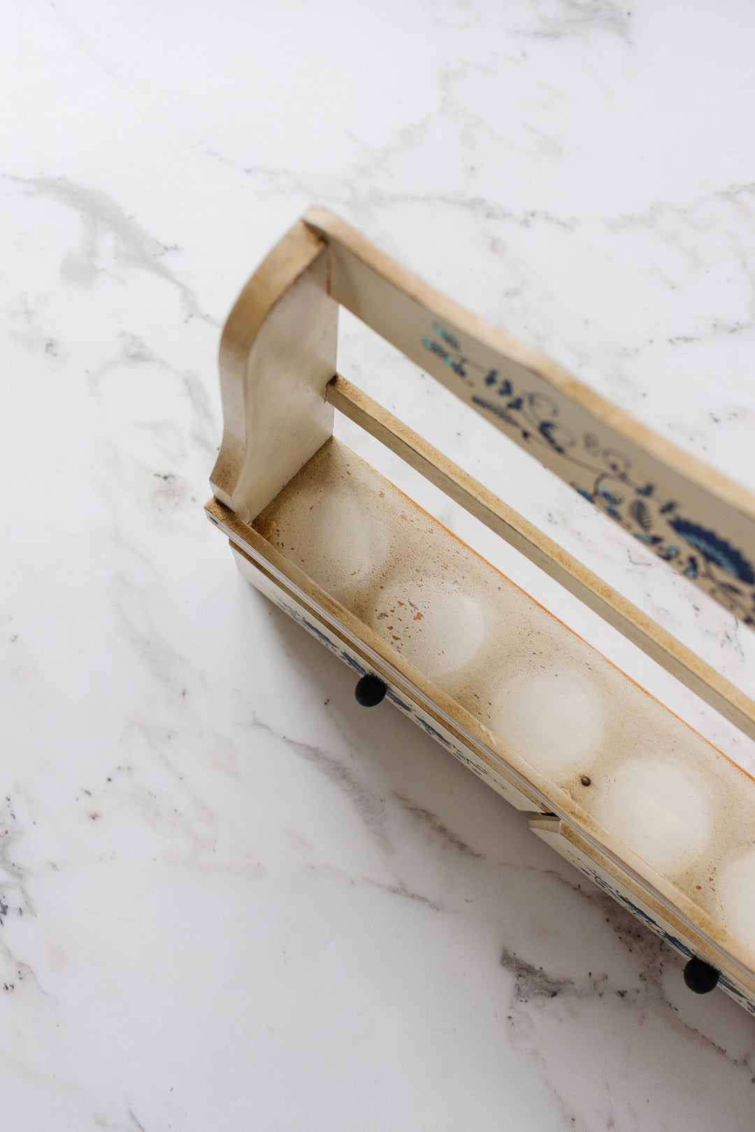vintage french farmhouse spice rack with porcelain jars