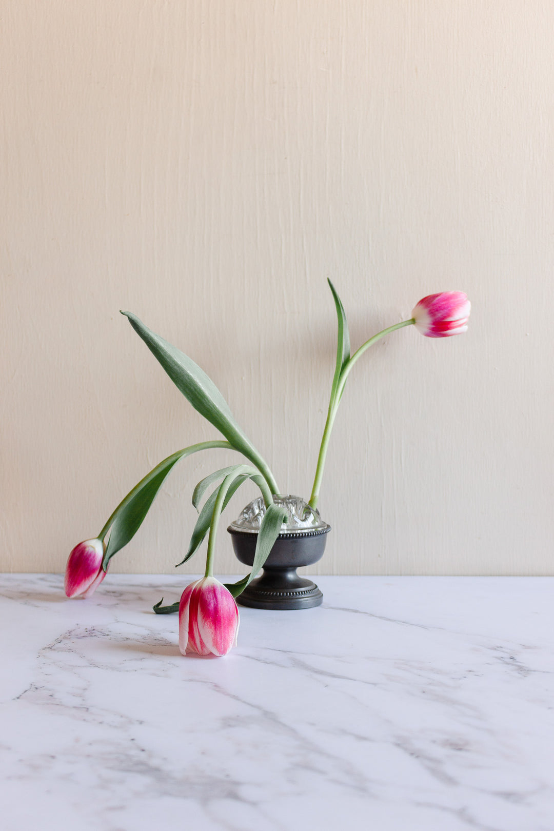 small vintage French floral frog with pewter pedestal base