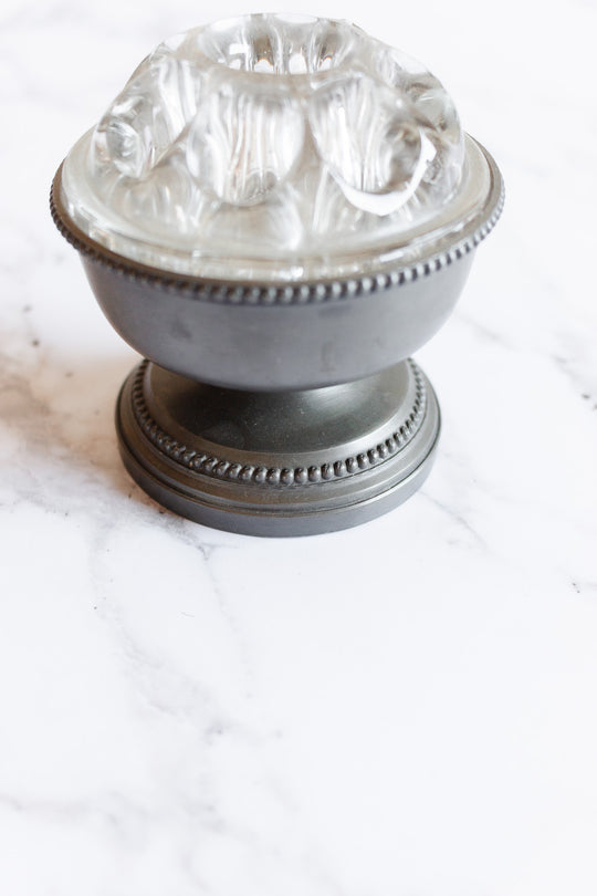 small vintage French floral frog with pewter pedestal base