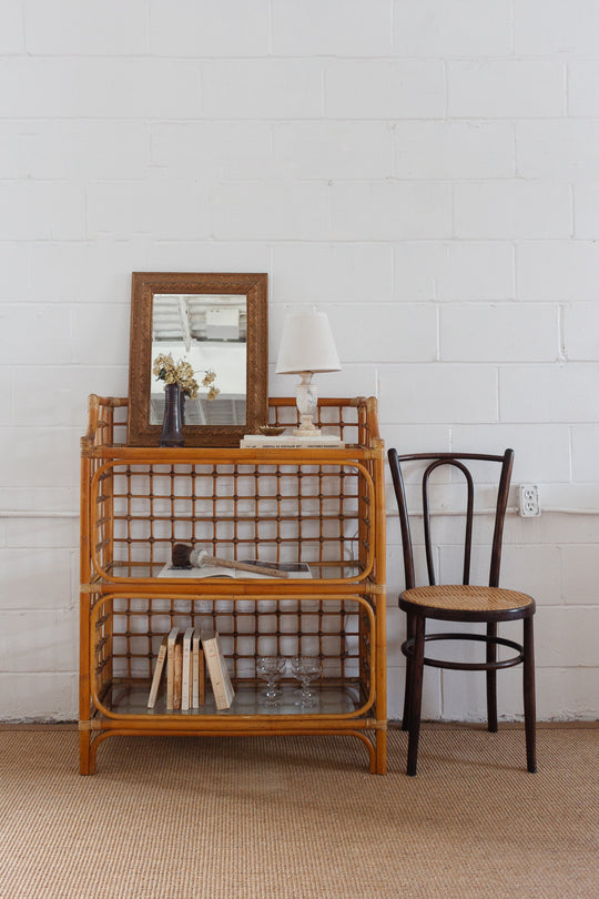 vintage french bamboo and glass shelf