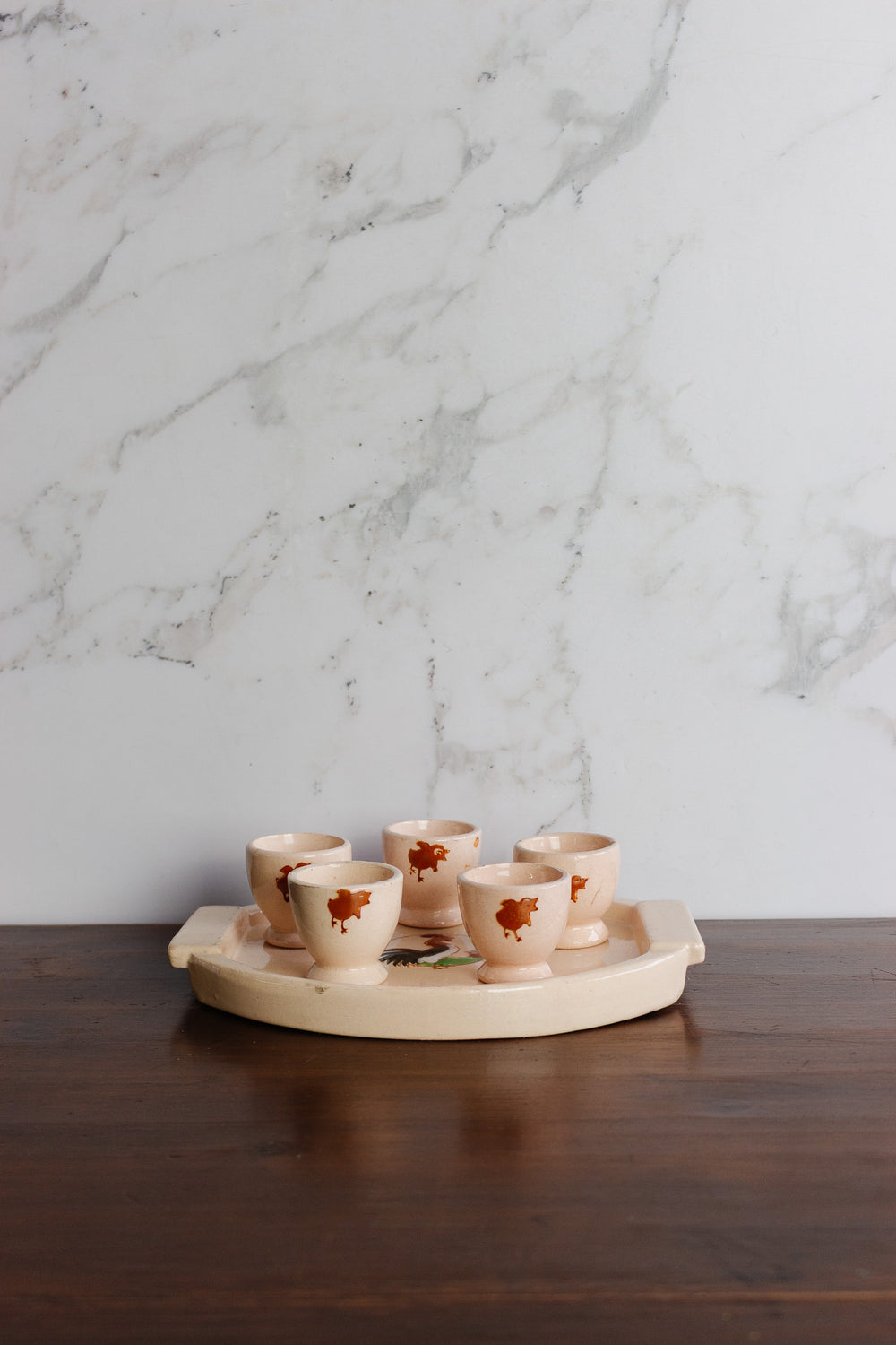 1940s french longwy set of 5 "les coqs" eggcups and tray