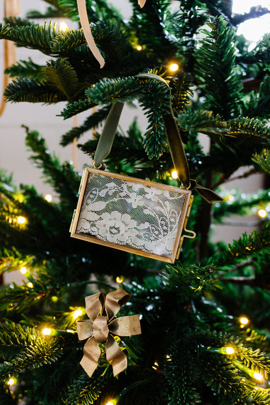 antique French lace ornament frame with velvet ribbon