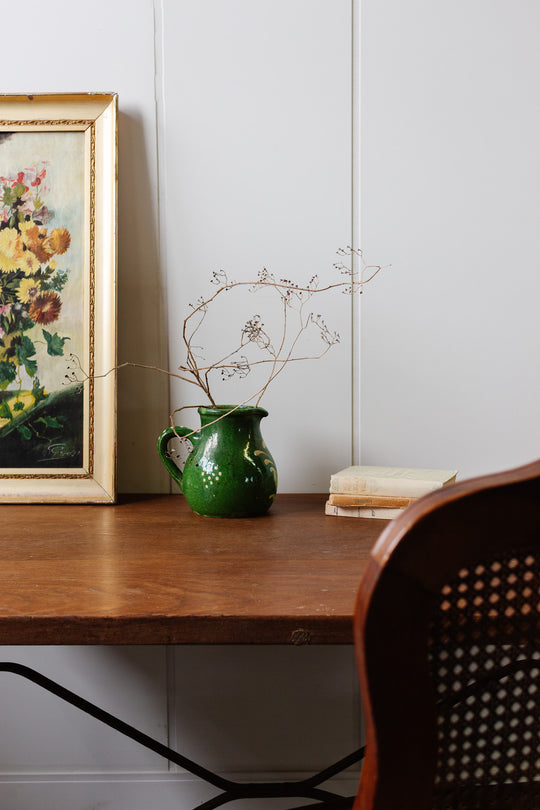 antique french green painted stoneware pitcher