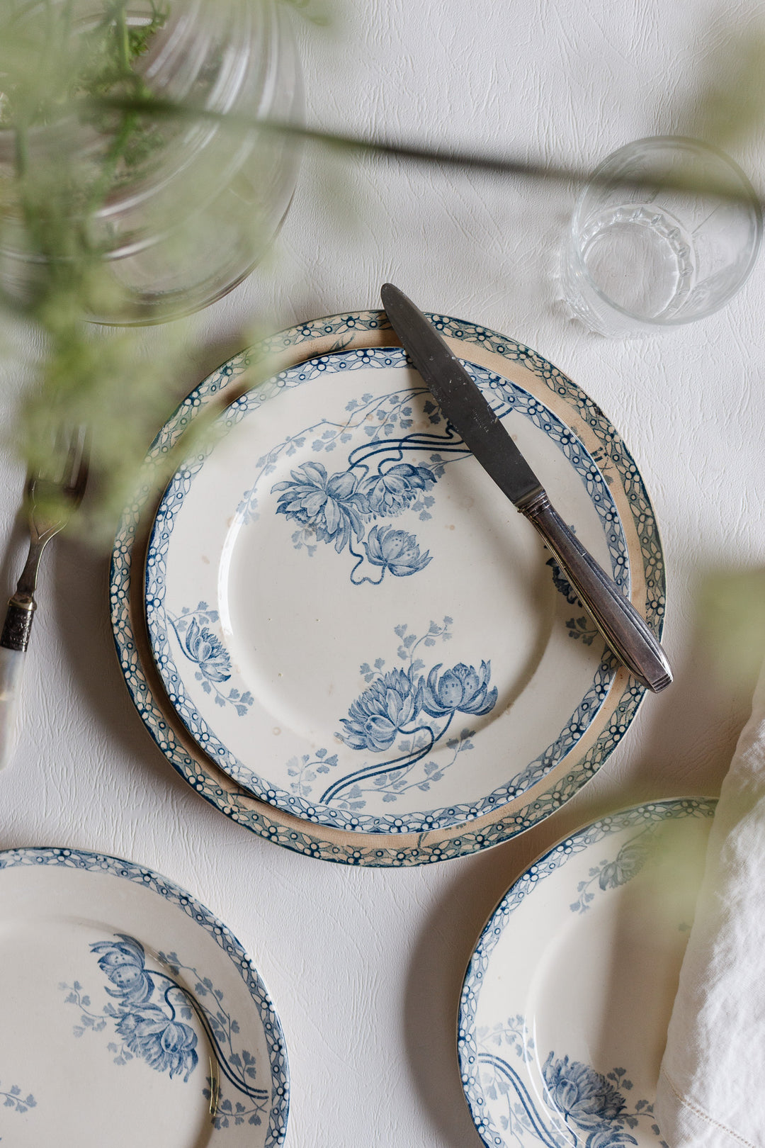 trio of sarreguemines "royat" blue and white plates