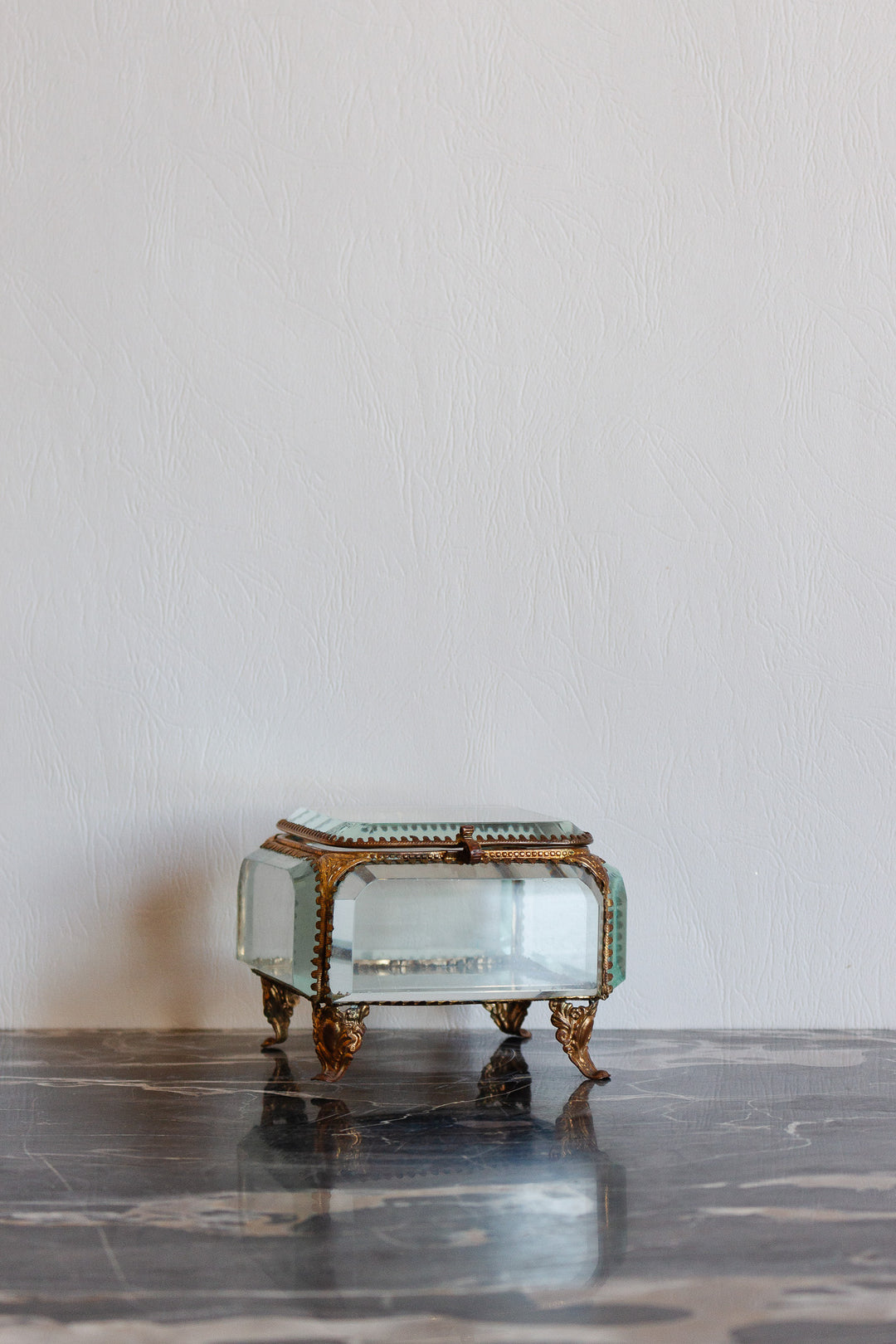 extra large turn of the century French beveled glass and ormolu bijoux casket