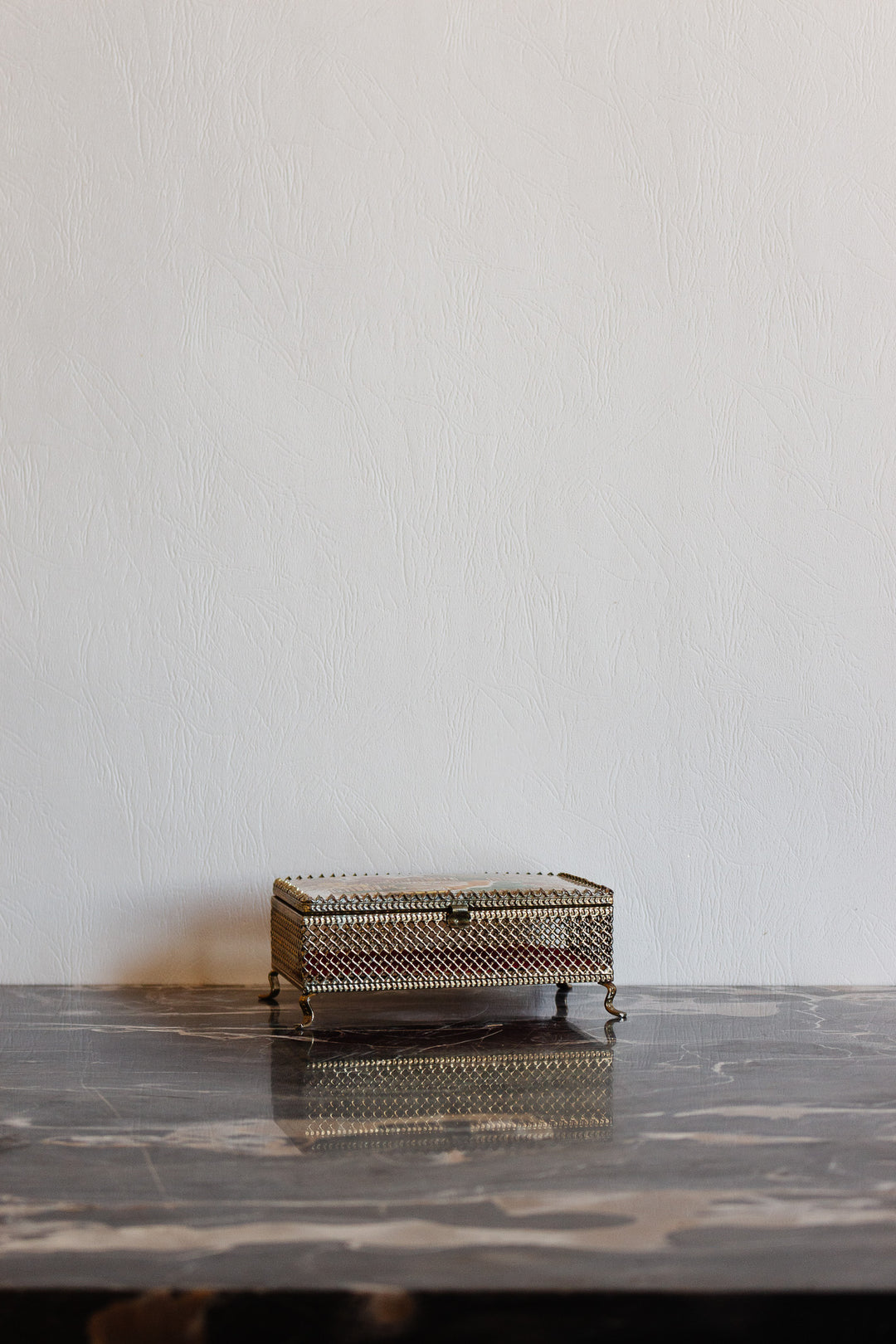 vintage french "la campagne" metal mesh bijoux casket with interior mirror