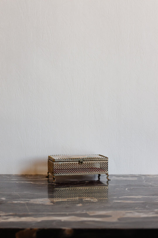 vintage french "la campagne" metal mesh bijoux casket with interior mirror