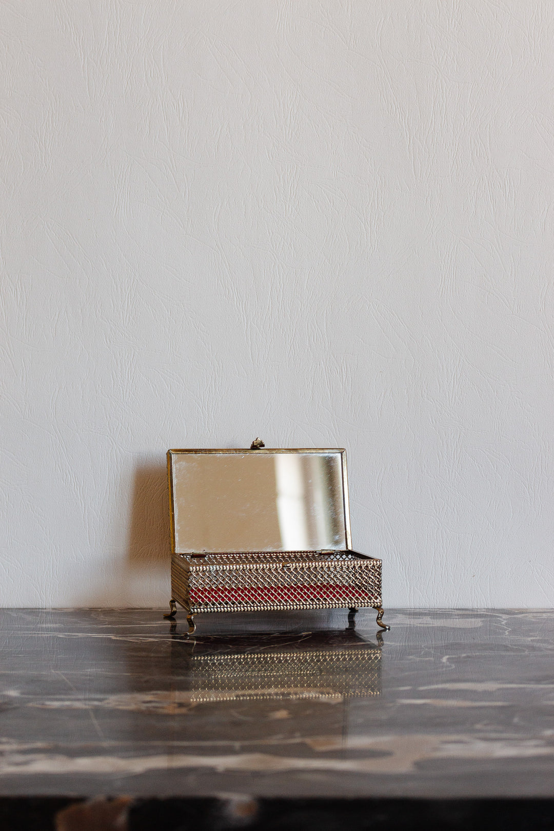 vintage french "la campagne" metal mesh bijoux casket with interior mirror