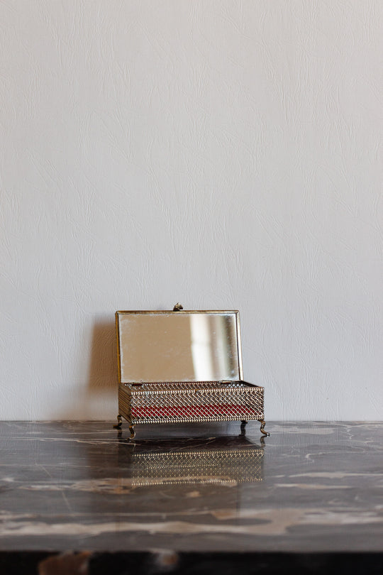vintage french "la campagne" metal mesh bijoux casket with interior mirror