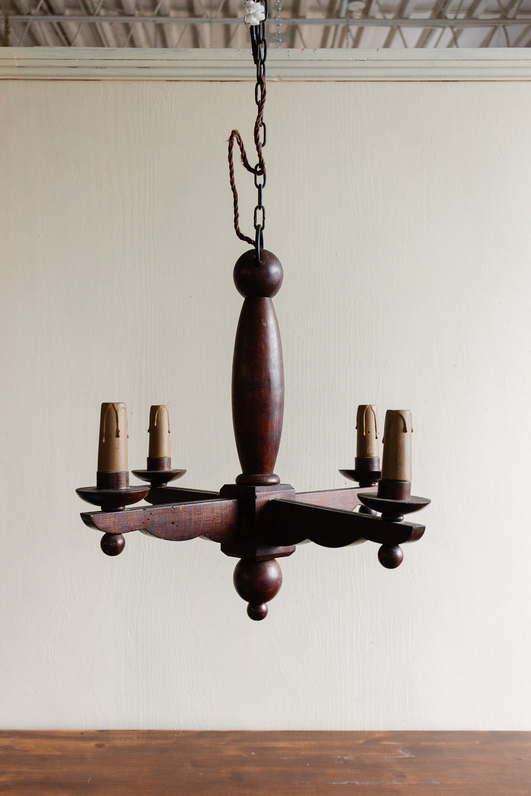 midcentury french turned wood chandelier