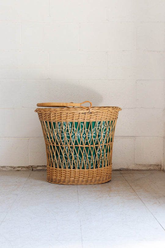 1930s French open weave baguette basket with vintage fabric lining