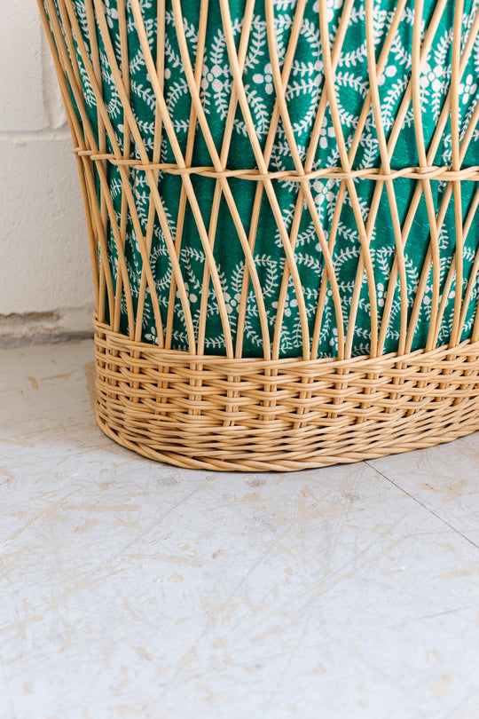 1930s French open weave baguette basket with vintage fabric lining