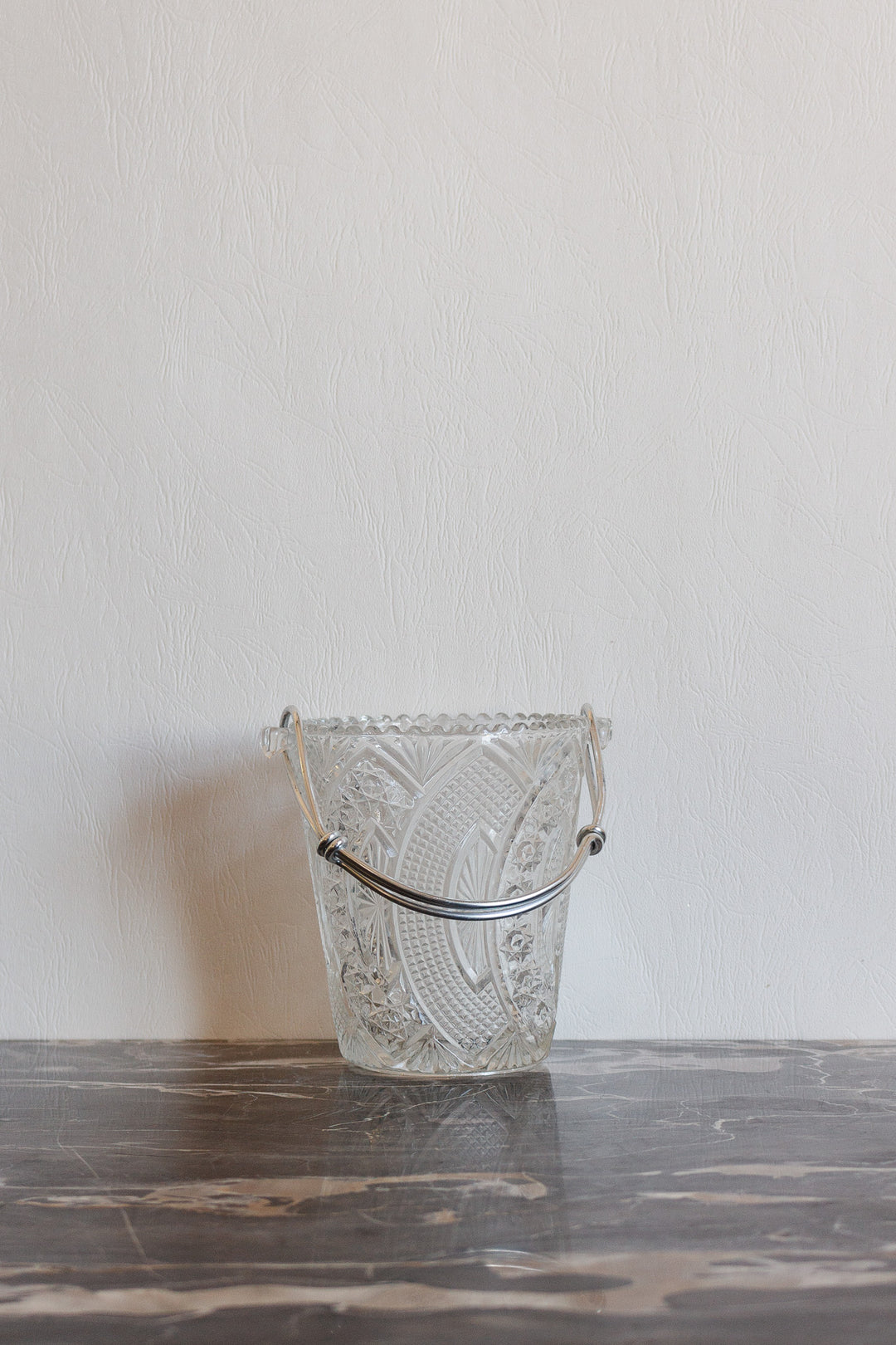 turn of the century french crystal ice bucket with metal handle