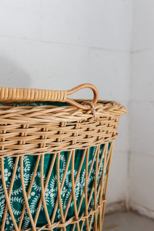 1930s French open weave baguette basket with vintage fabric lining