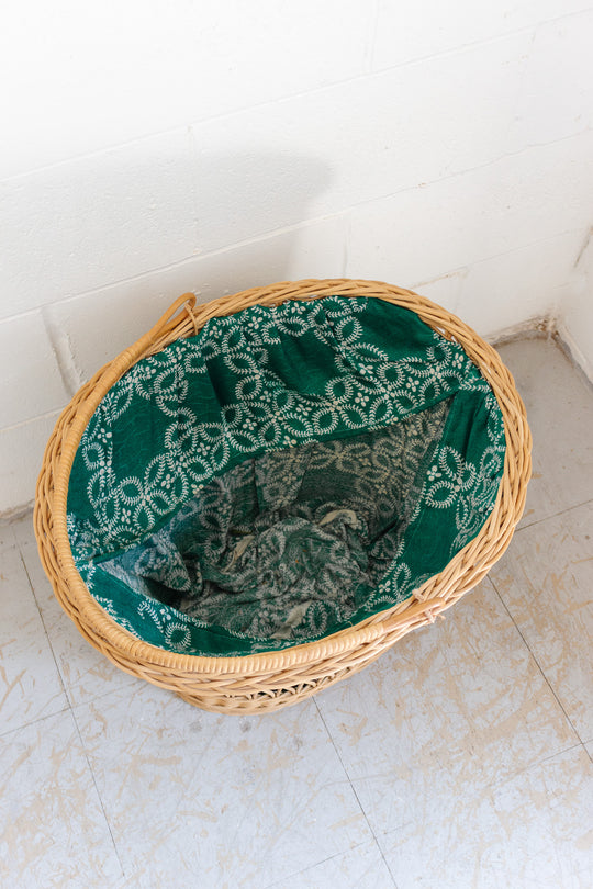 1930s French open weave baguette basket with vintage fabric lining