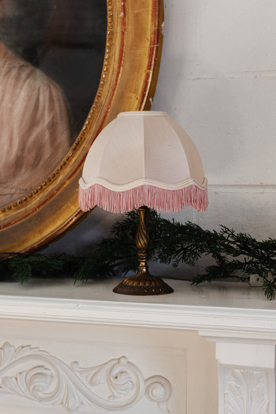 vintage french lamp with pink fringed shade
