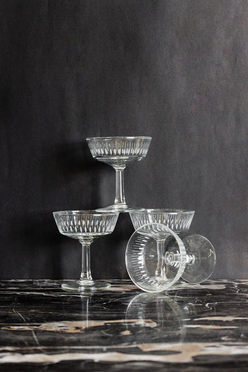 set of four vintage French etched glass champagne coupes