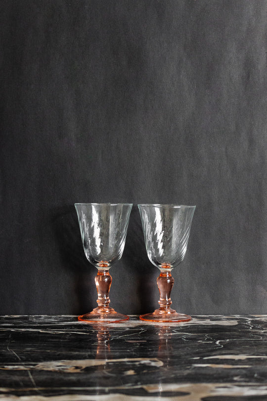 pair of vintage French rosaline stem wine glasses