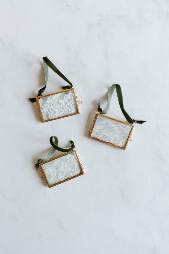 antique French lace ornament frame with velvet ribbon