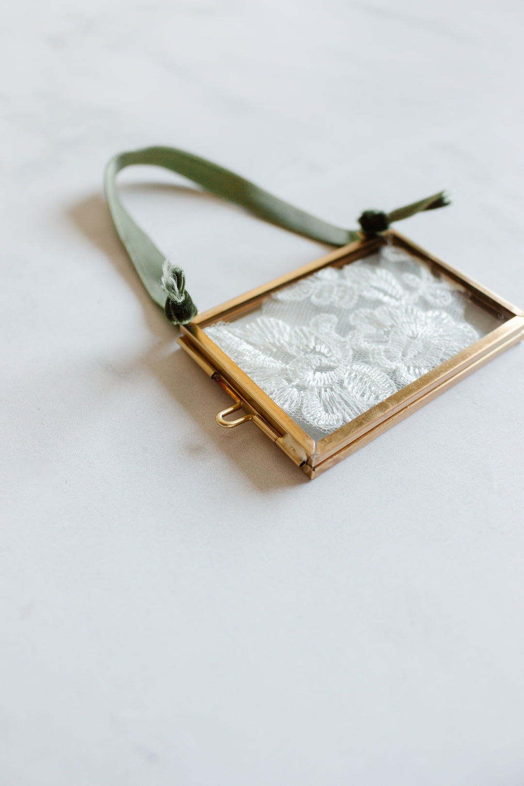 antique French lace ornament frame with velvet ribbon