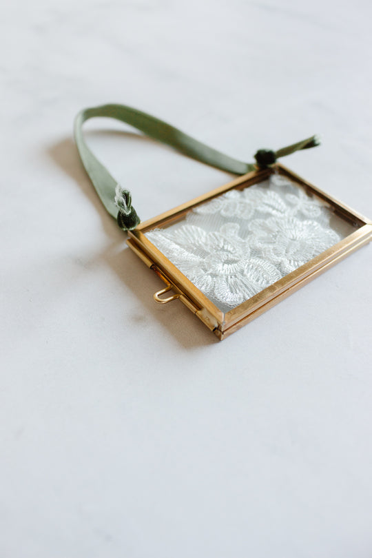 antique French lace ornament frame with velvet ribbon