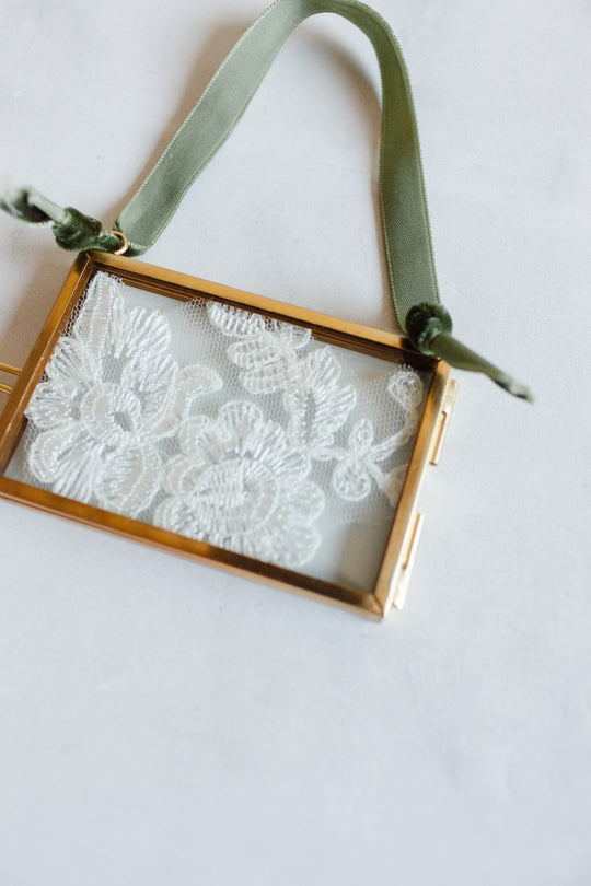 antique French lace ornament frame with velvet ribbon