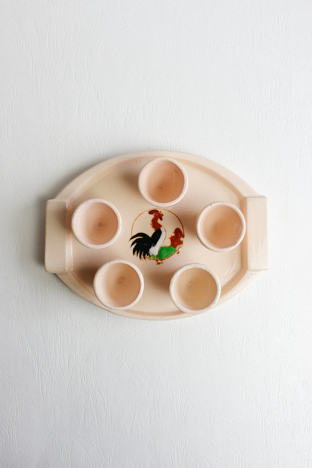 1940s french longwy set of 5 "les coqs" eggcups and tray