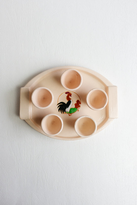 1940s french longwy set of 5 "les coqs" eggcups and tray