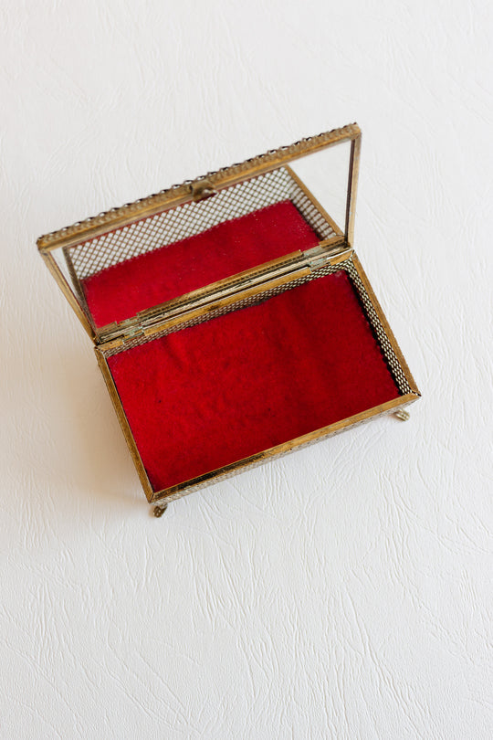 vintage french "la campagne" metal mesh bijoux casket with interior mirror