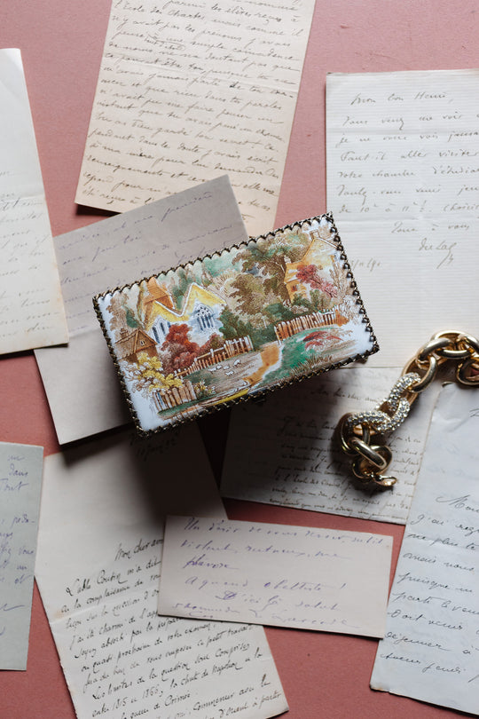 vintage french "la campagne" metal mesh bijoux casket with interior mirror