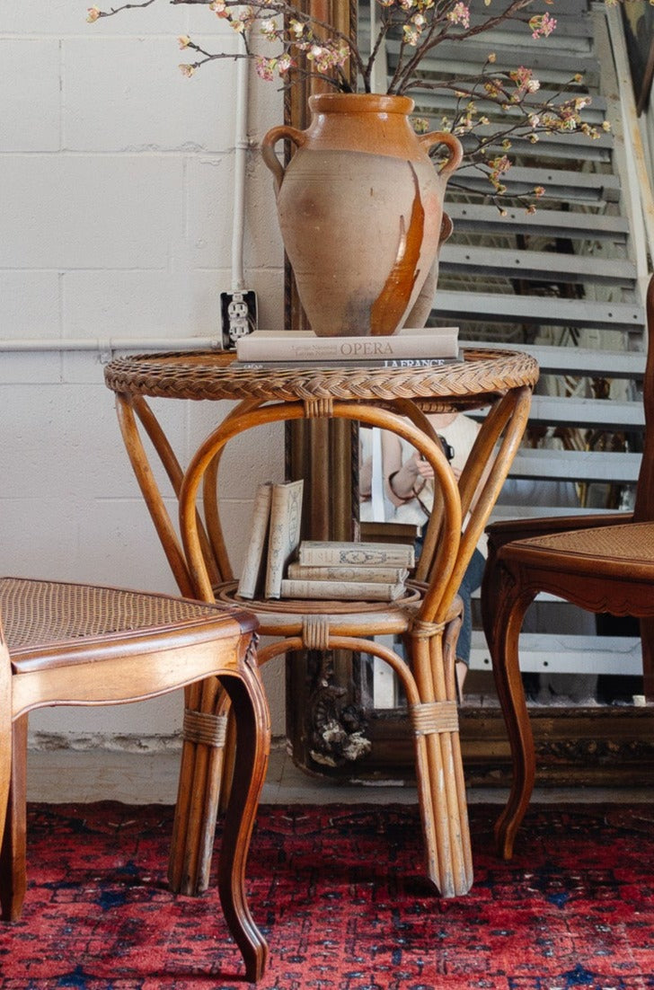 1960s french bamboo and rattan bistro table, in the style of Franco Albini