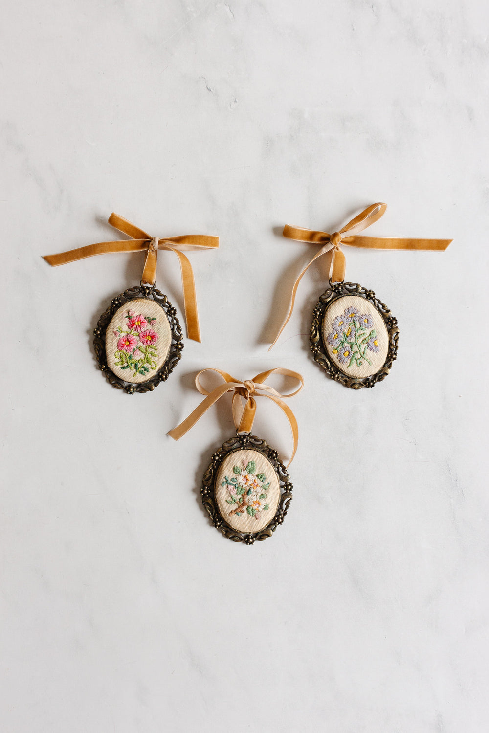 midcentury Italian framed "petit point" floral ornament with velvet ribbon