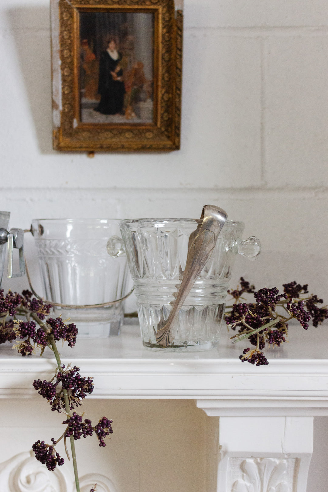 midcentury french pressed glass ice bucket with glass handles